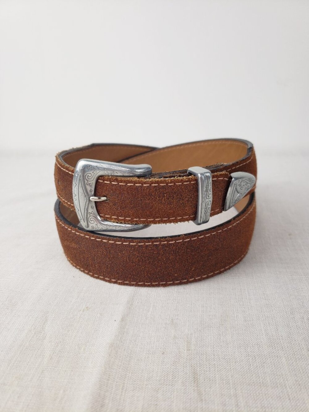 Levis Brown Suede Western Tipped Belt Silver Scroll Cowboy Mens 34